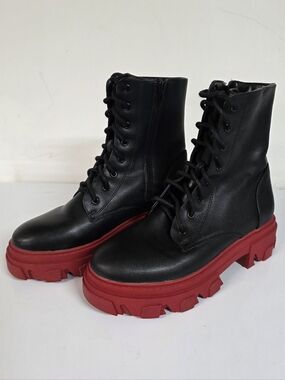 Forever 21 Black Red Combat Boots with Lug Sole - Women's 7.5